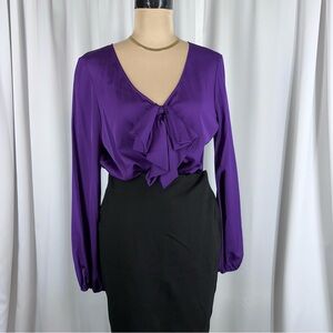 St. John Collection Blouse Sz 6 Long Sleeve Silk Blend Purple Bow/Ruffle Luxury